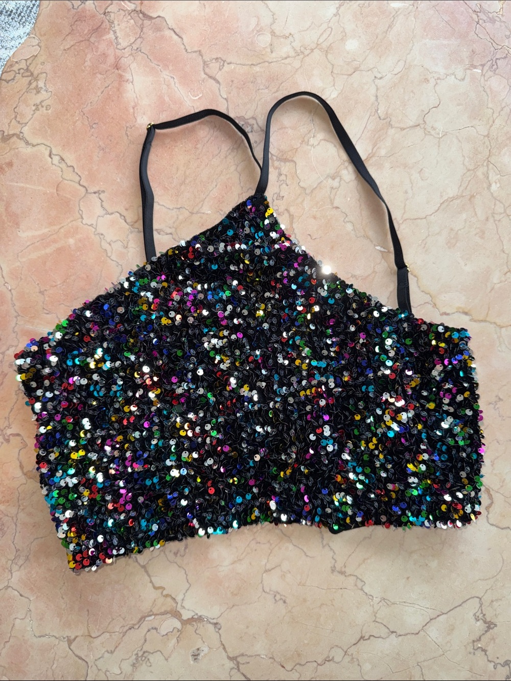ANTHROPOLOGIE Black Multicolor Sequin Cropped Cami Top corset / bra back size M